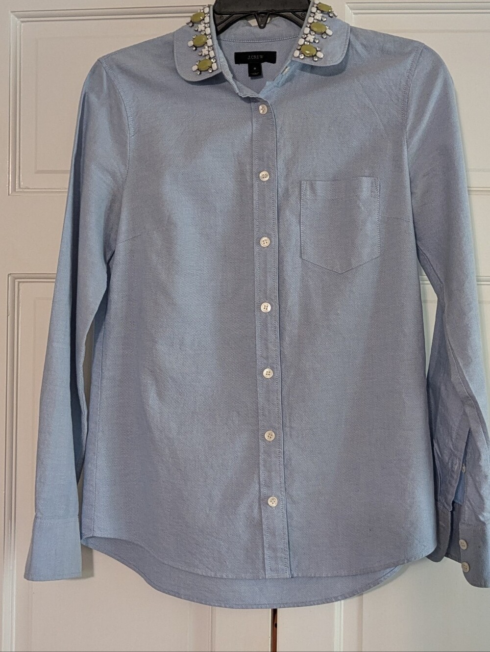 J.Crew Embellished Jeweled Collar Blue Oxford Button-Up - Size 0